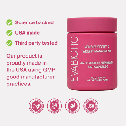 Evabiotic menopause supplement - natural, non-GMO, vegan, made in USA badges