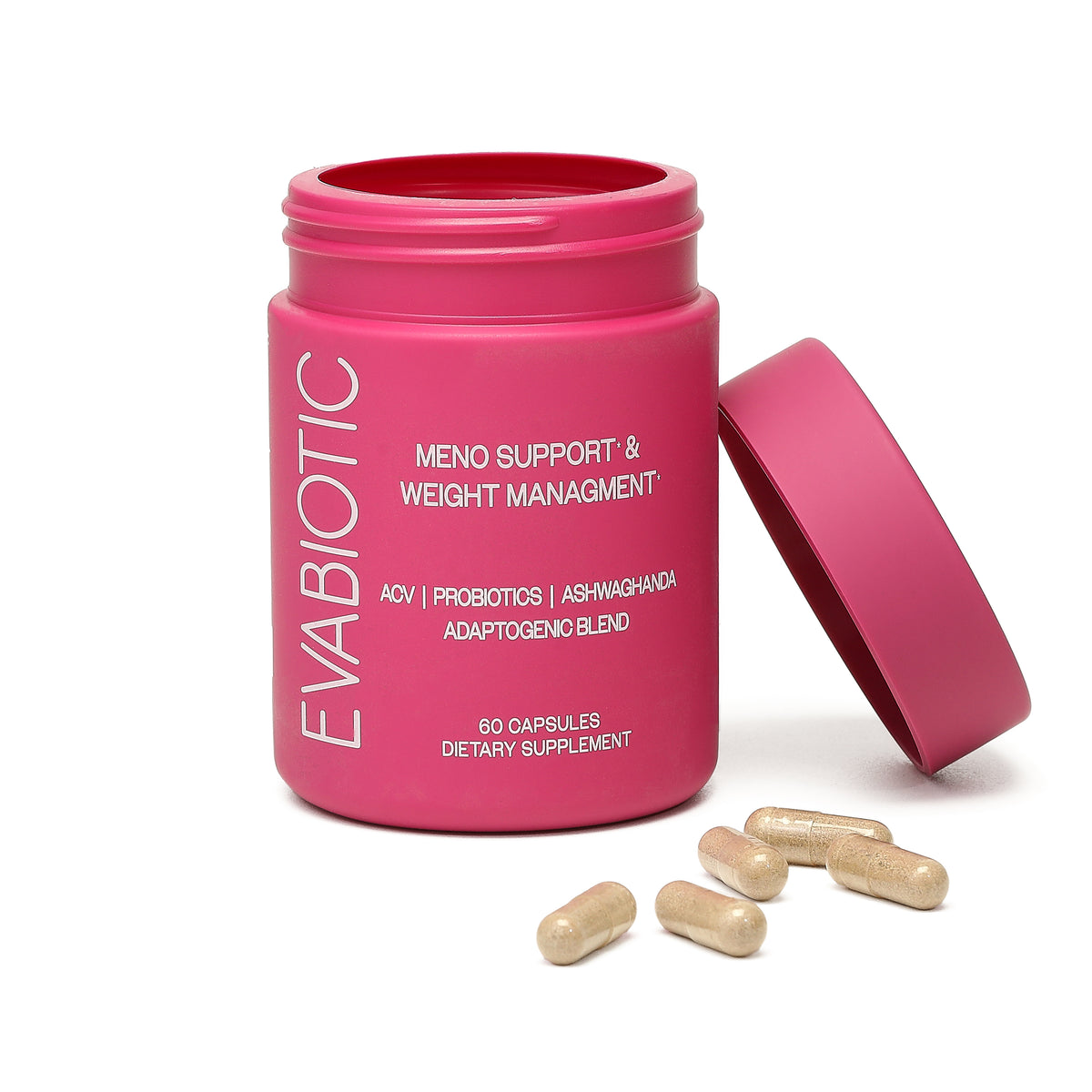 Evabiotic menopause relief supplement bottle, front label
