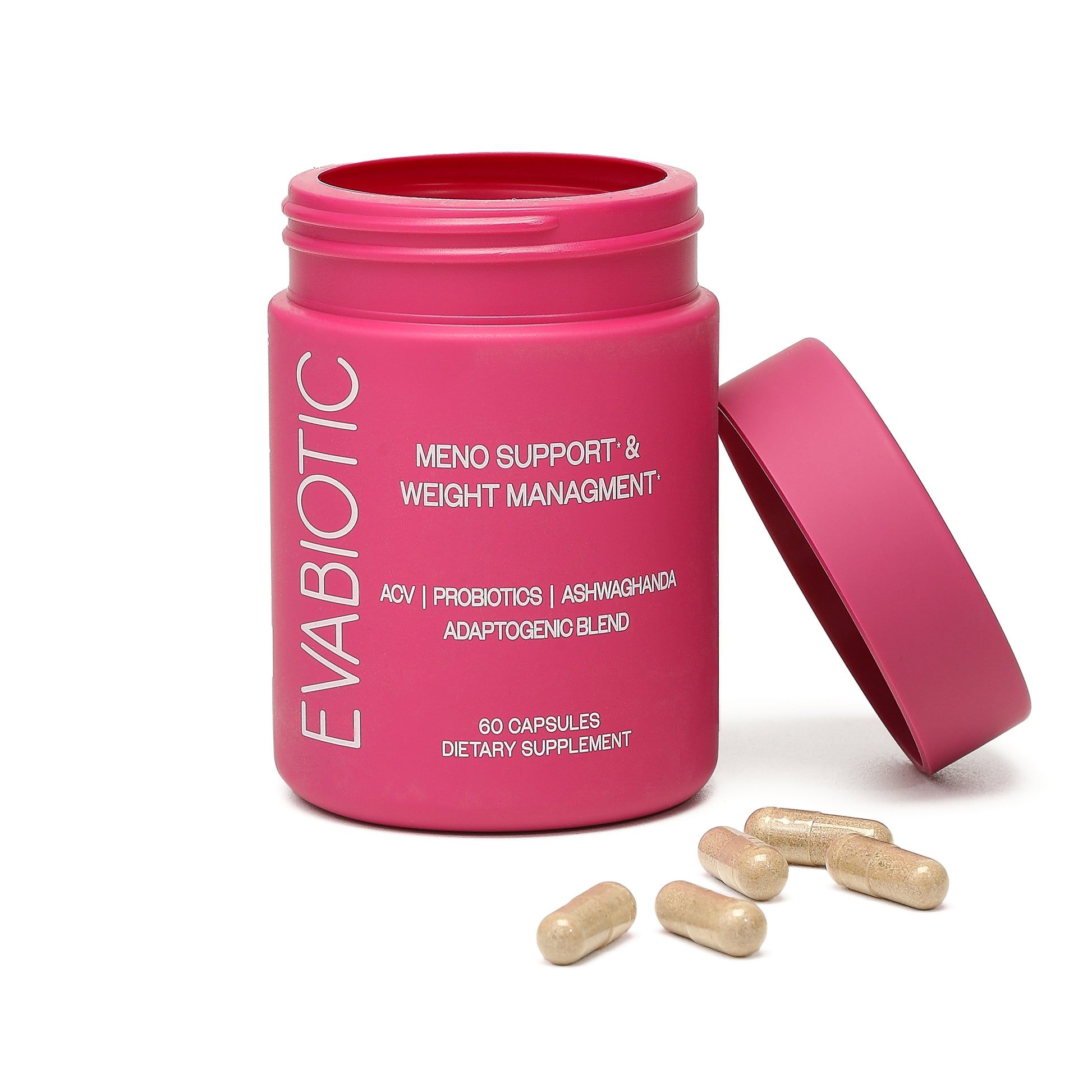 Evabiotic menopause relief supplement bottle, front label