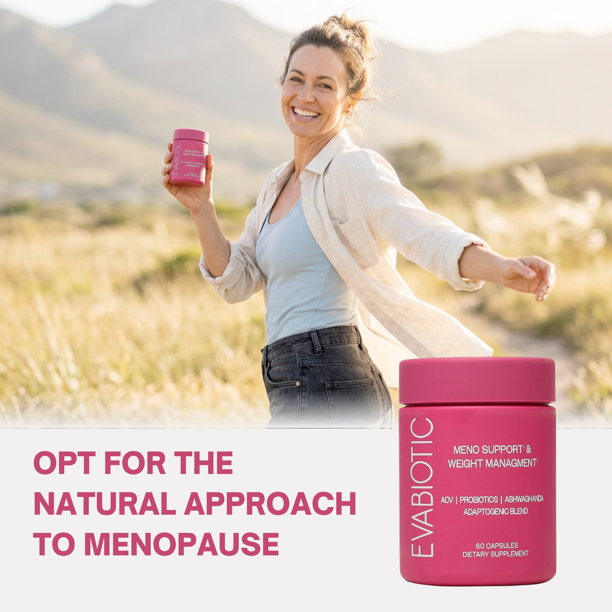 Woman experiencing relief from hot flashes with Evabiotic