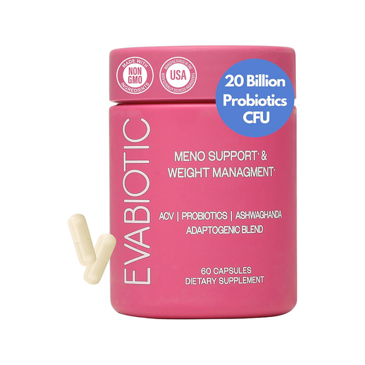Evabiotic menopause relief supplement bottle, front label